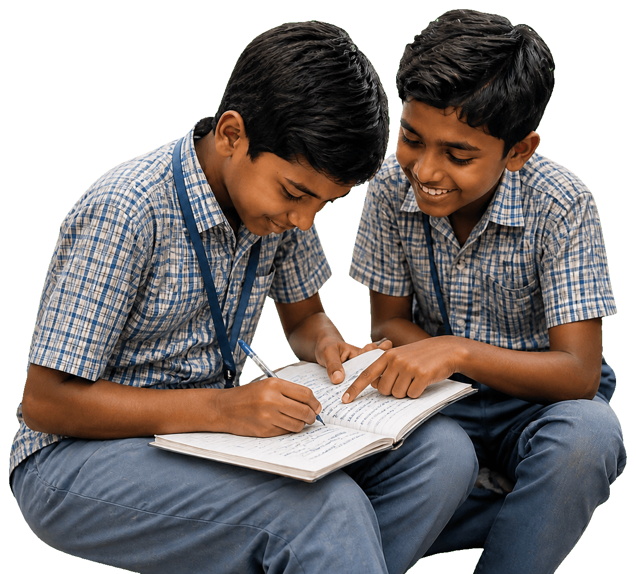 Two students learning together over a notebook