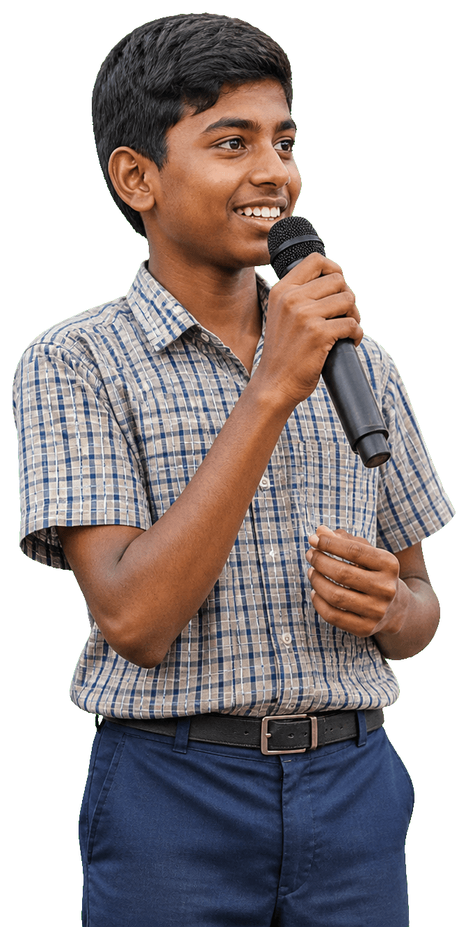 A student leader speaking into a microphone
