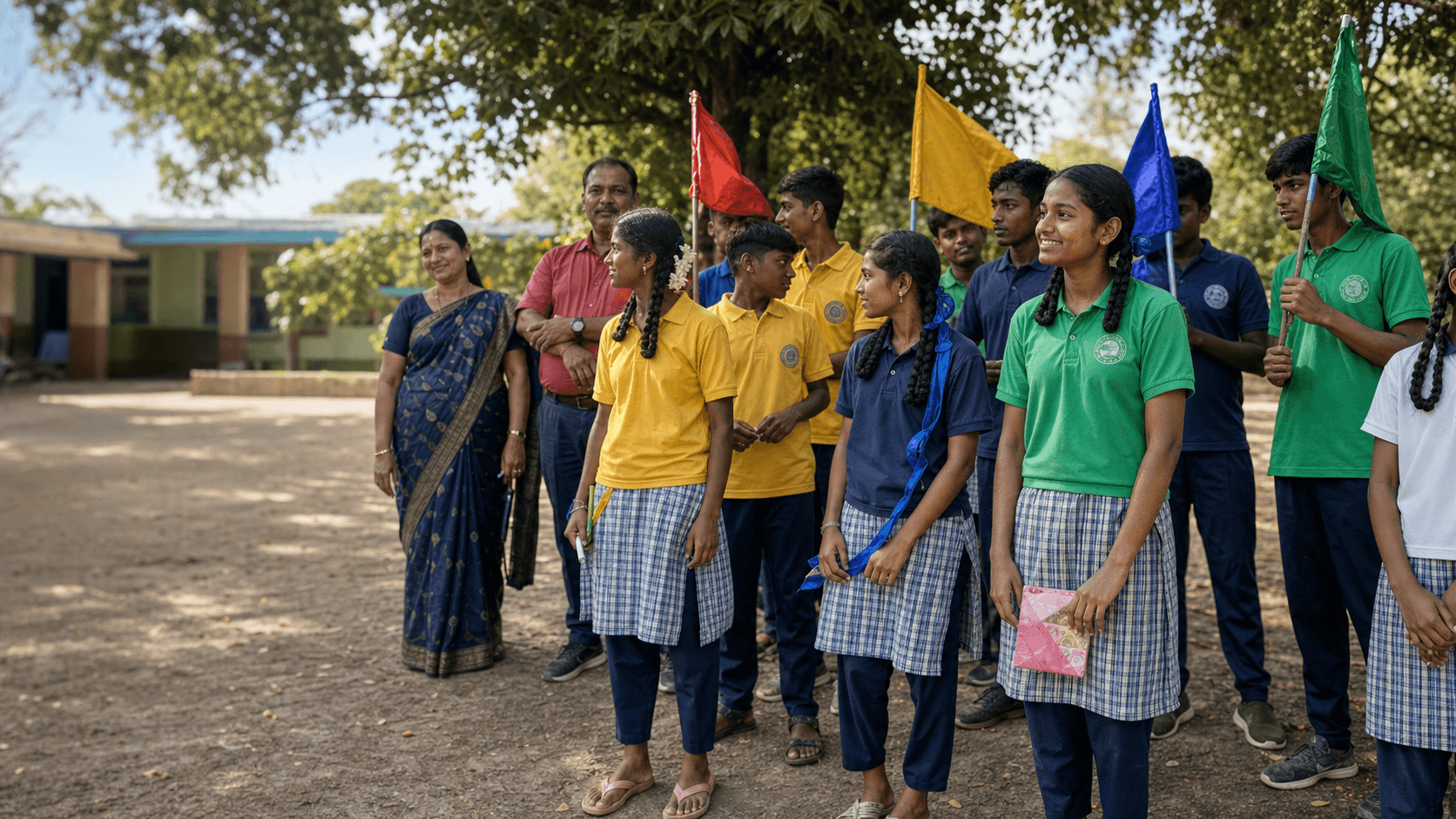 Student leaders and school adults gathered in a Tamil Nadu government-school courtyard