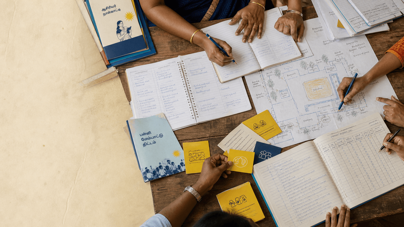 School leadership resources in use on a wooden table