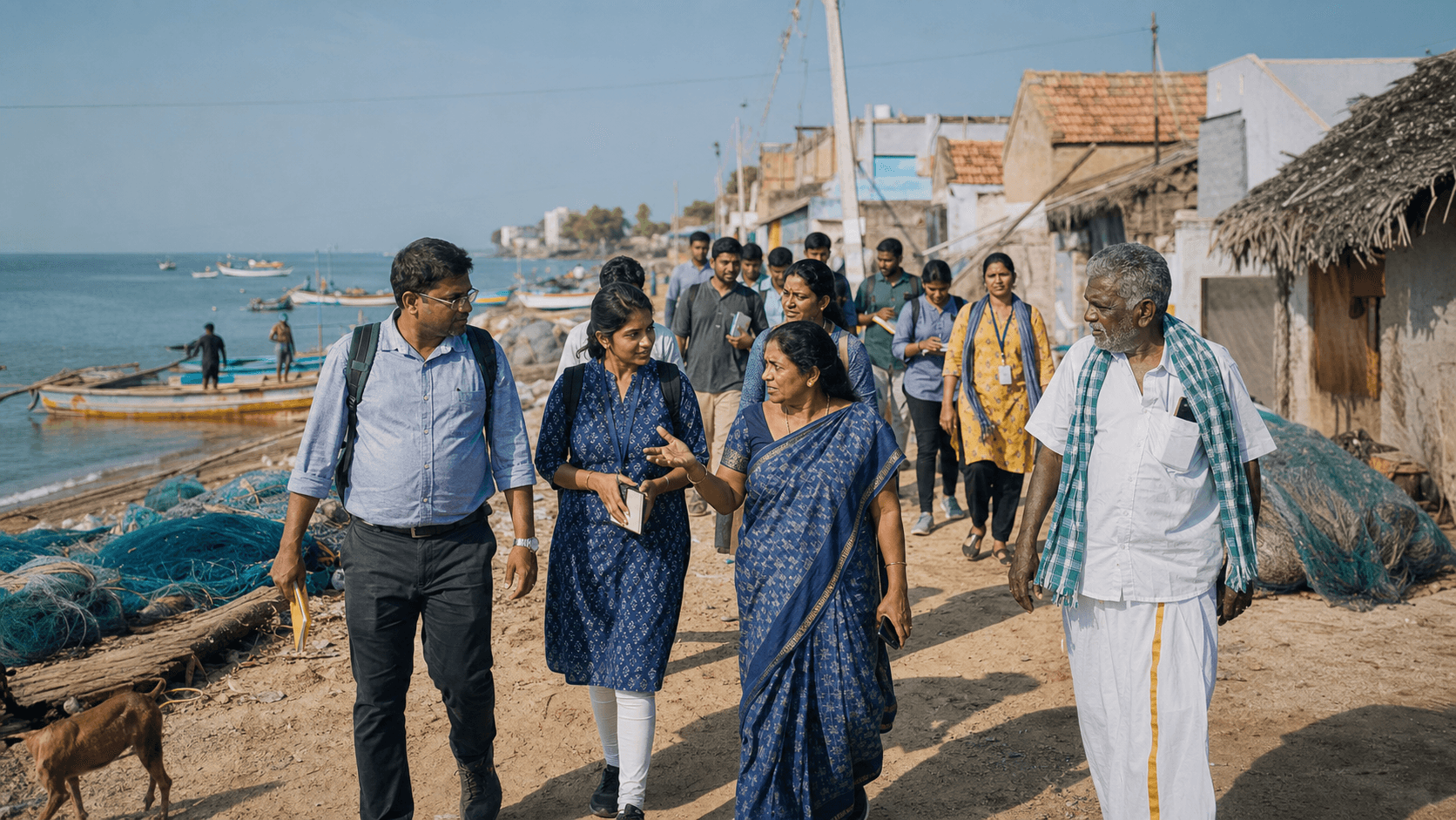Education practitioners walking with community mentors along the Nagapattinam coast