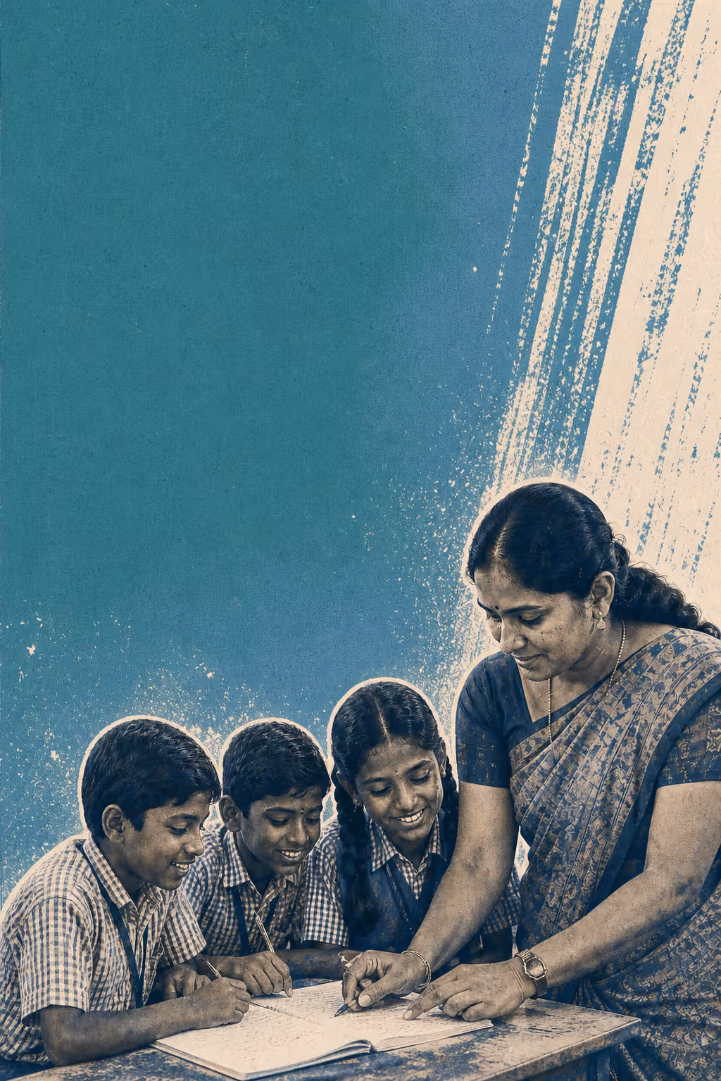 A teacher supporting students on a textured teal-blue editorial poster