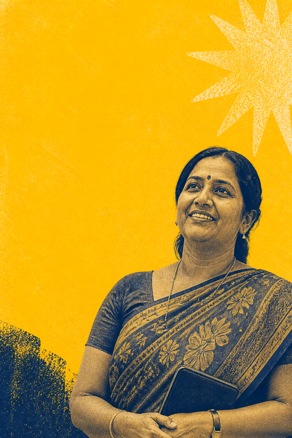 A school leader on a textured yellow editorial poster